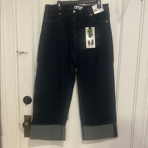 NWT S.O.N.G. Dark Wash Wide-Leg Cuffed Bottkm Baggy Blue Jeans. Very on trend.